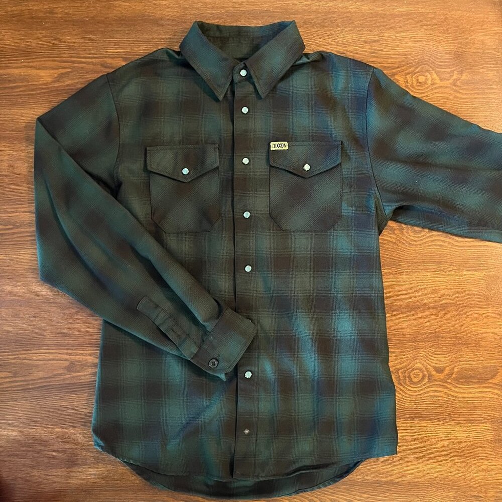 Dixxon Flannel Absinthe green black plaid pearl snap shirt, men's Small